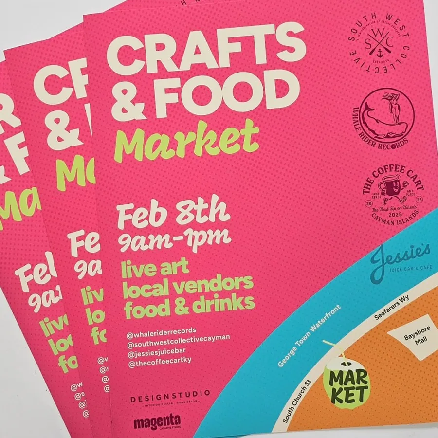 Stacked pink flyers for a crafts and food market, printed both sides.