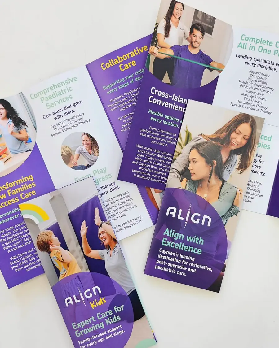 A spread of purple and white healthcare brochures for adult and paediatric therapy services.
