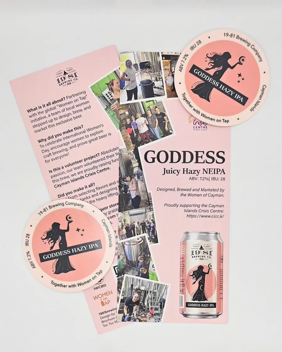 Round pink beer coasters and a matching folded brochure for a collaborative brew.